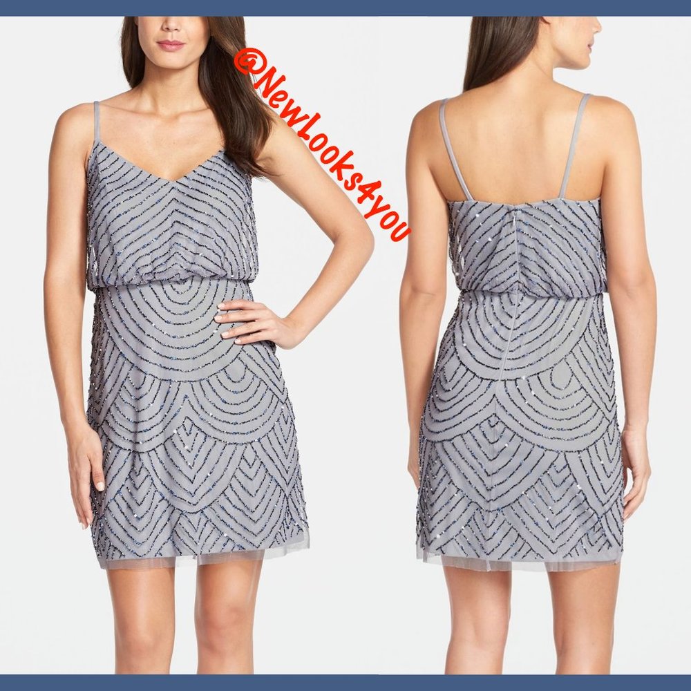 NEW Adrianna Papell Art Deco Sequin‎ Blouson Dress in Dusty Blue [SZ 12 ]